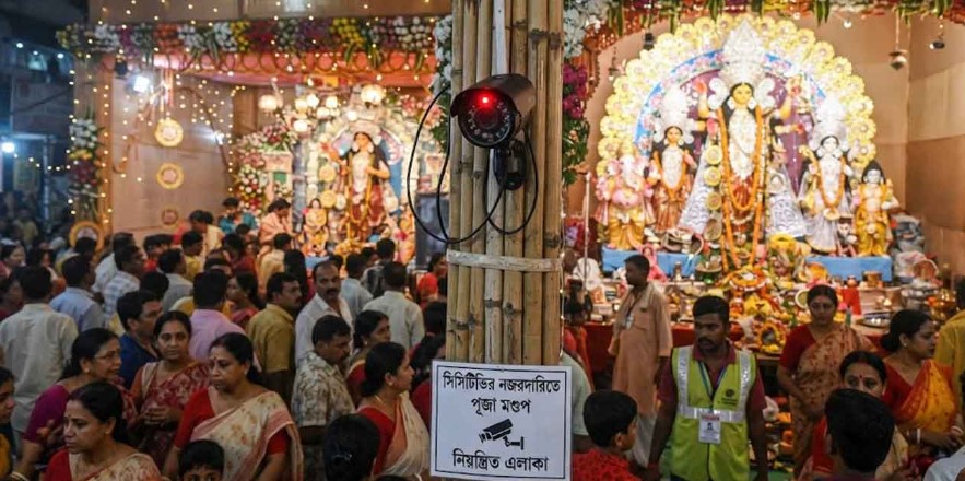 সিসি ক্যামেরার আওতায় পূজামণ্ডপ। ছবি: এআই দিয়ে তৈরি